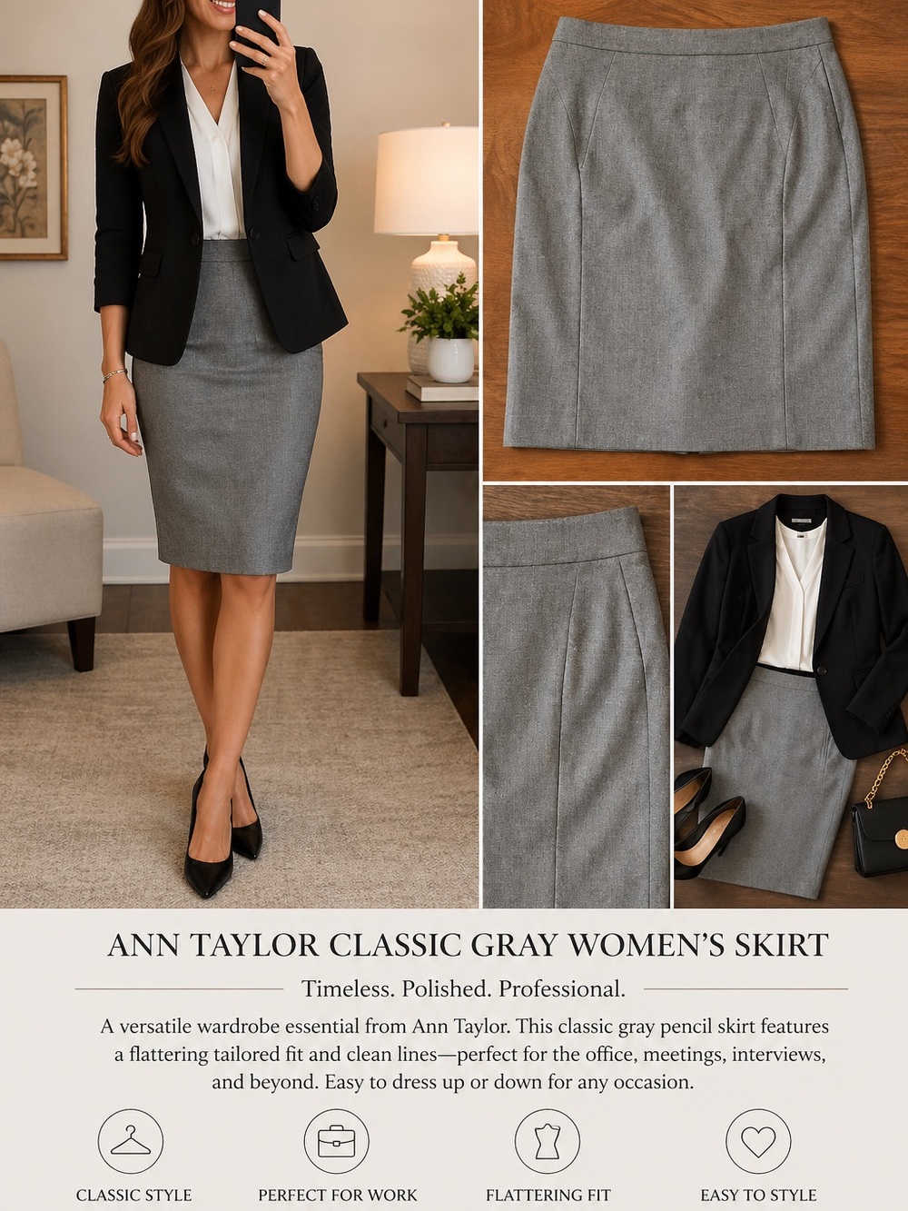 Ann Taylor Gray Pencil Skirt | Classic Career Workwear | Women’s